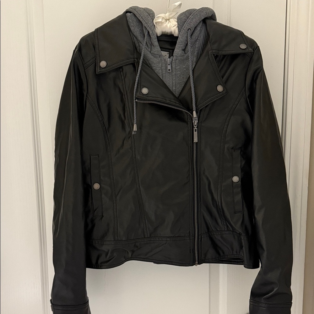 Jou Jou Black Leather Jacket with Gray Hoodie